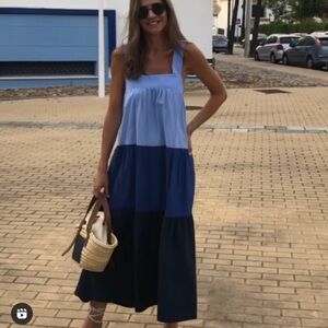 Zara Tiered Poplin Dress Blue XS